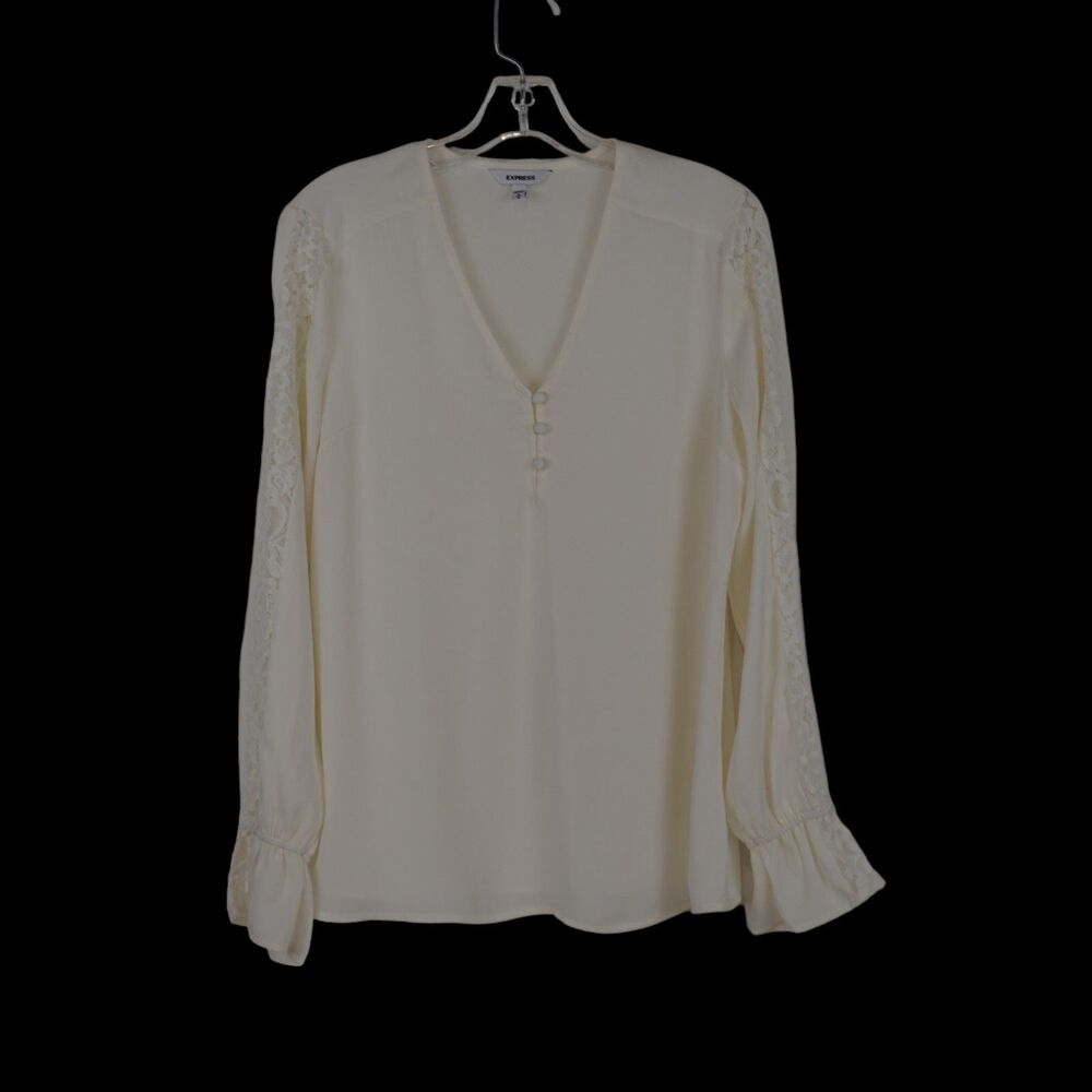 Express V Neck Blouse Medium Ivory Satin Lace Insert Long Sleeve Retro Milkmaid